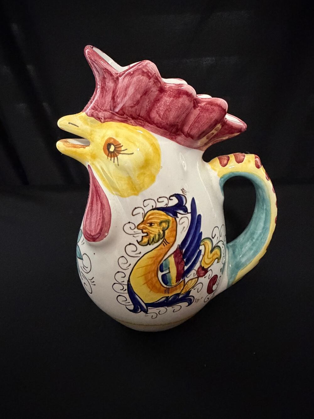 Williams Sonoma Made in Italy Ceramic Rooster Pitcher Majolica Water Pitcher 8"